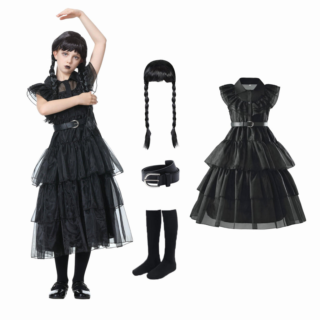 Wednesday Kostüm Kinder Mittwoch Schwarzes Kleid für Mädchen Halloween